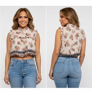 Floral Print Ruffle Crop Top - Cream and Black